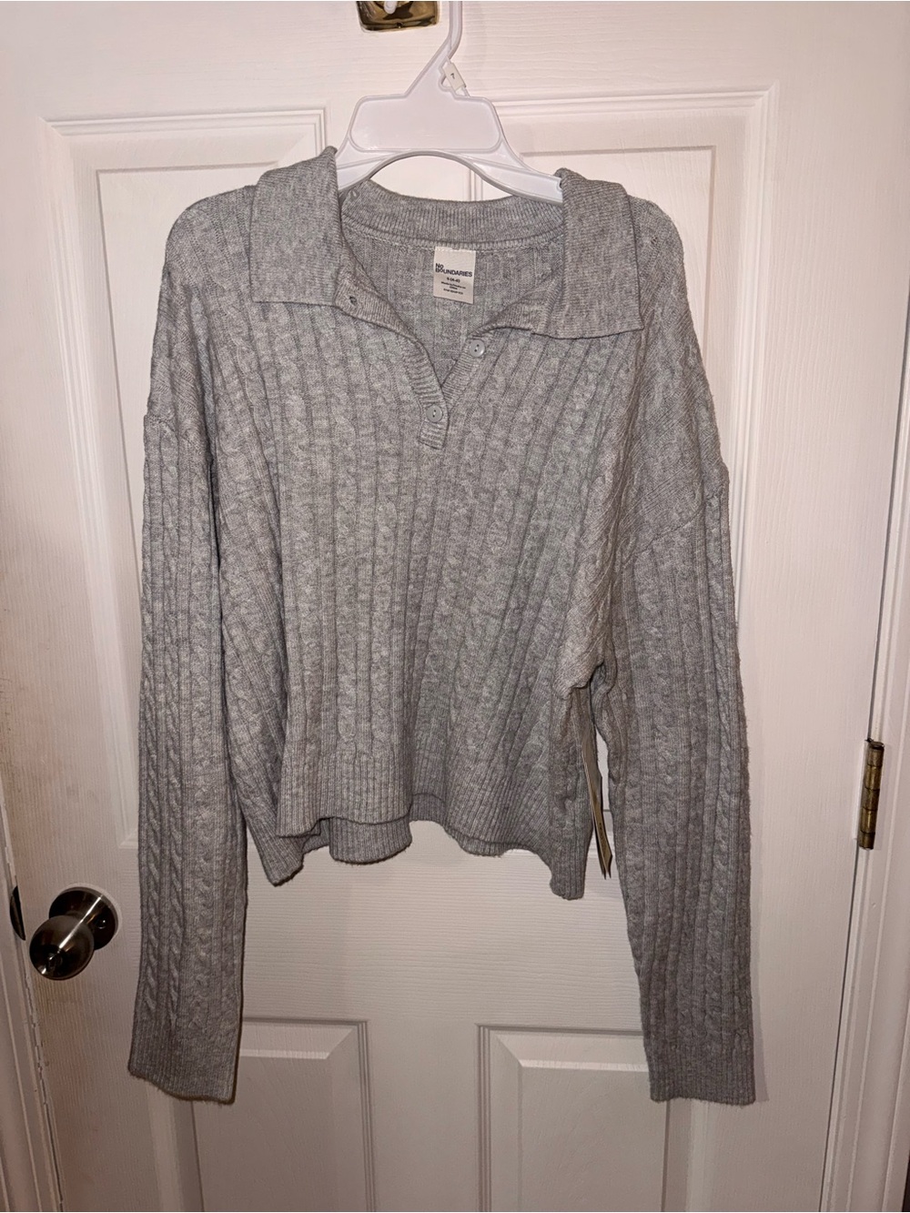 No Boundaries Light Gray Cable-Knit Polo Pullover